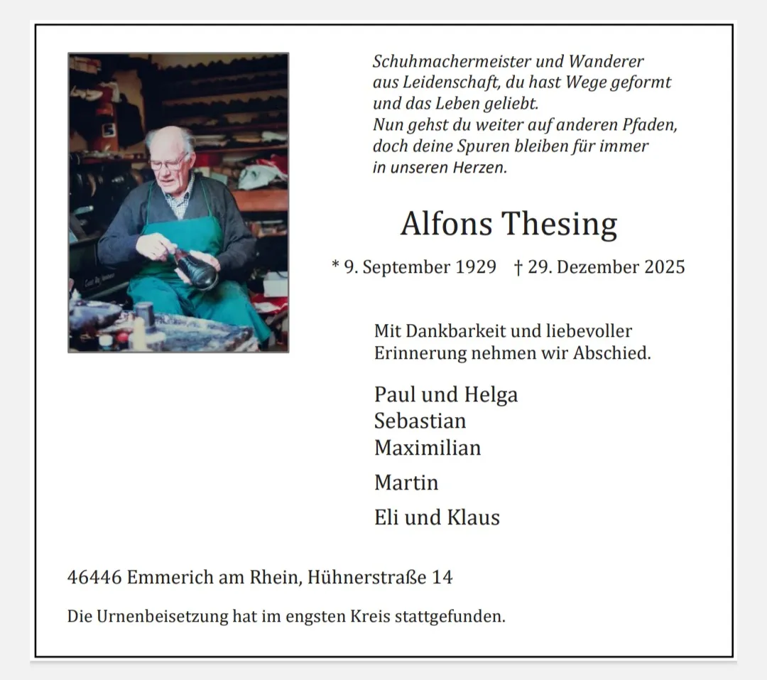 Traueranzeige für Alfons Thesing, Schuhmachermeister und Wanderer aus Leidenschaft, 9. September 1929 bis 29. Dezember 2025