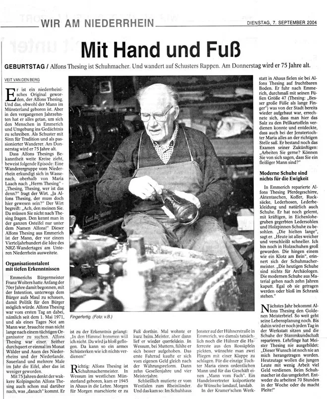 Zeitungsausschnitt: „Mit Hand und Fuß“: Alfons Thesing wird 75