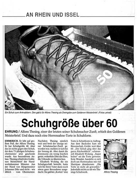 Zeitungsausschnitt: Schuhgröße über 60: der goldene Meisterbrief